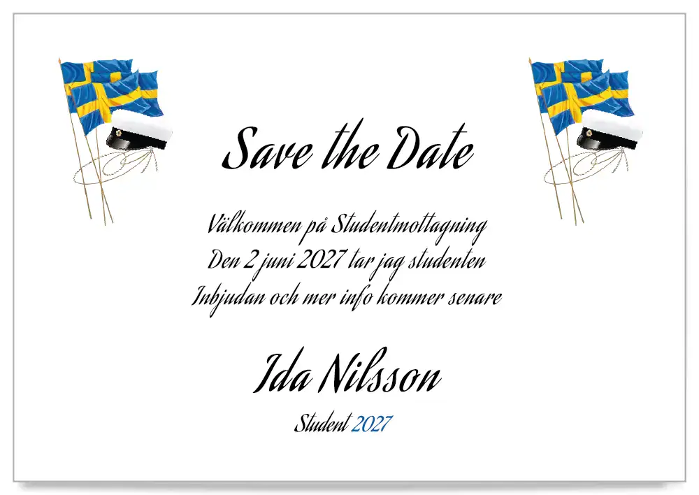 Save the Date kort till studentmottagning med svenska flaggor och studentmössa