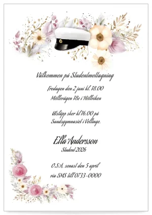 Inbjudningskort studenten mall blomsterhögtid rosa, perfekt för att fira en högtidlig studentdag.