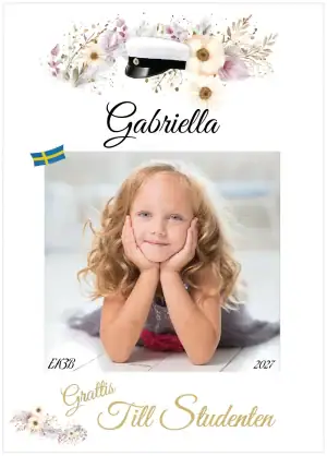 Studentskylt och studentplakat 2027 med mall i blomsterhögtids rosa, tryckt på en vit, stabil skiva med elegant design och inkluderande regnskydd.