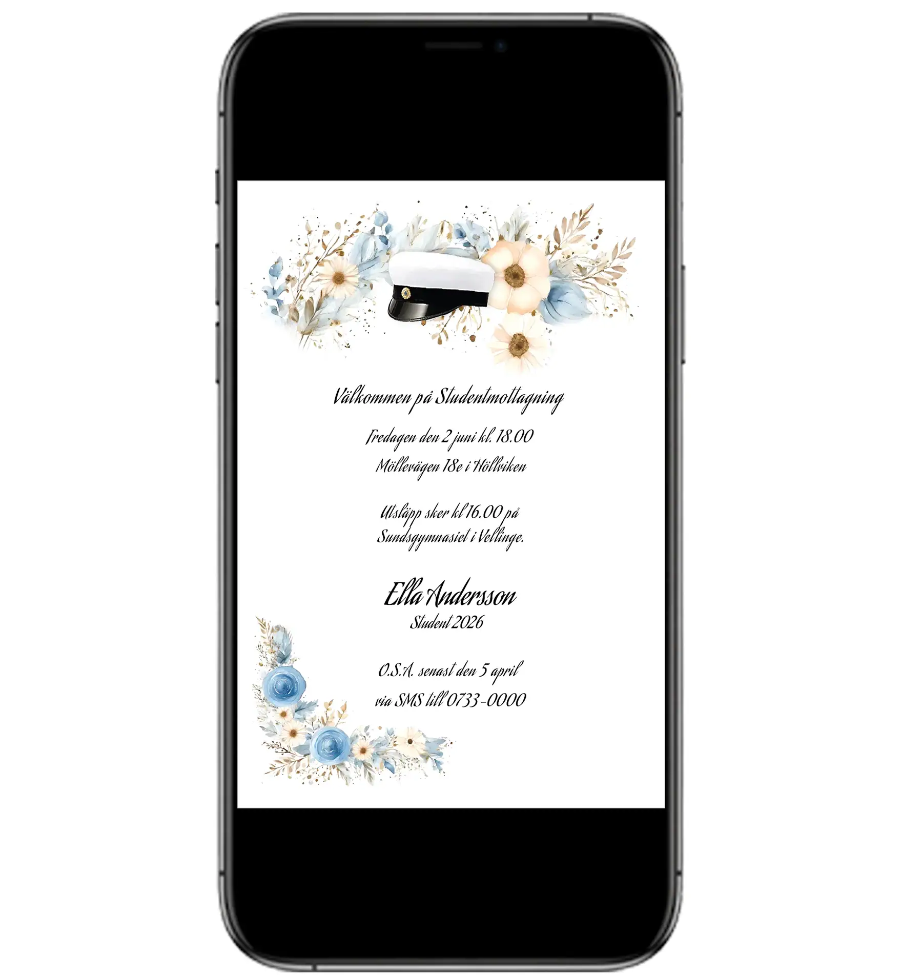 Digitalt inbjudningskort studenten mall Blomsterhögtid för mobilen