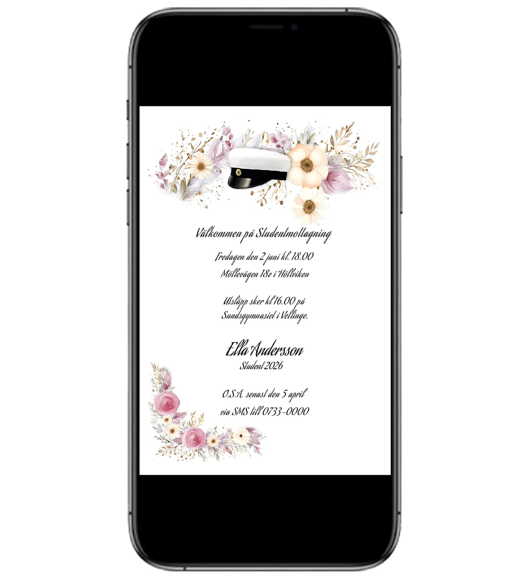 Digitalt inbjudningskort till studenten mall Blomsterhögtid rosa - för mobil och sms