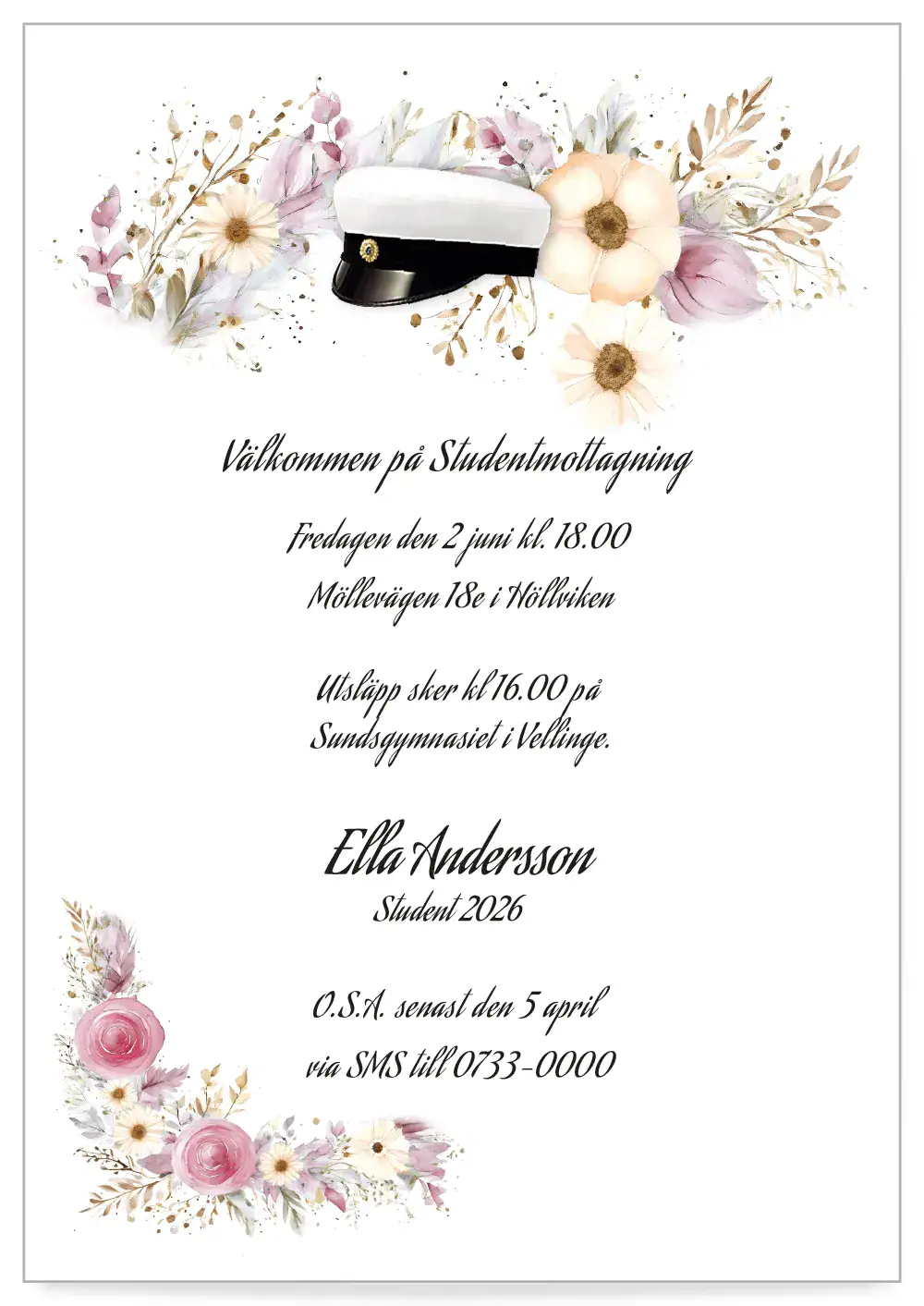 Digitalt inbjudningskort till studenten mall Blomsterhögtid rosa för mobil, sms och email.