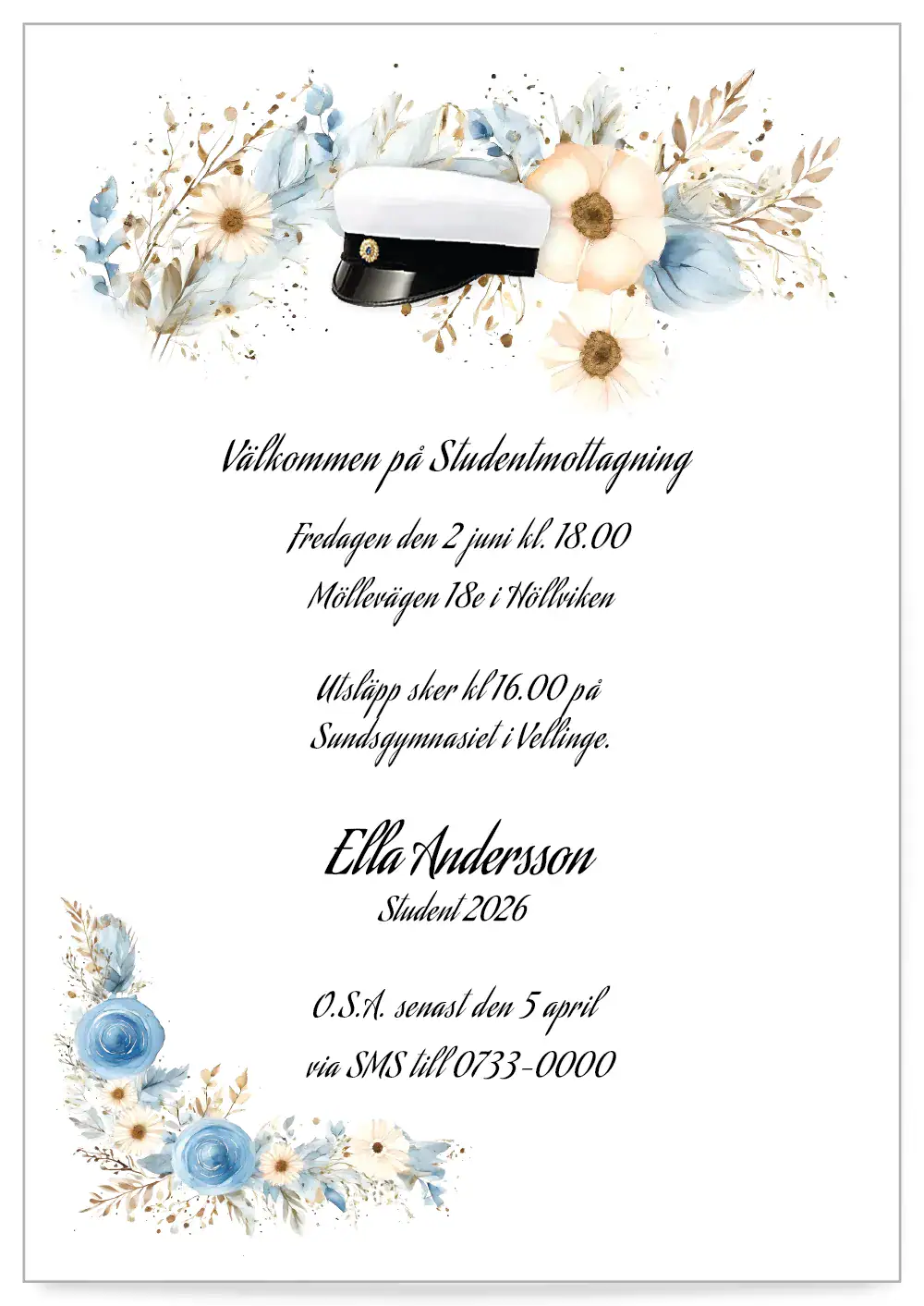Digitalt inbjudningskort studenten mall Blomsterhögtid för sms och e-mail direkt till mobilen