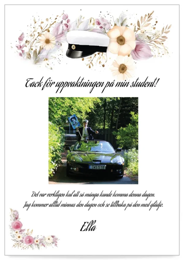 Digitalt tackkort studenten mall blomsterhögtid med rosa blommor