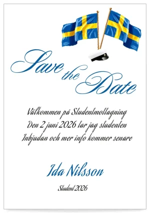 Digitalt save the date kort studenten mall klassisk studentinbjudan